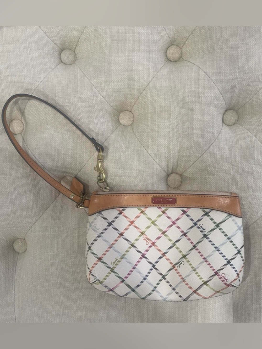 White Multicolor Plaid Wristlet with Tan Trim